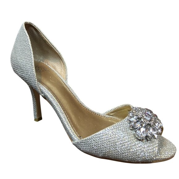 Belle Badgley Mischka Women's 6 Silver Rhinestones Peep Toe Heels Wedding Formal - Picture 4 of 13
